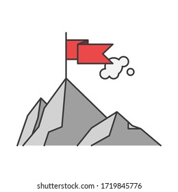 Flag on the mountain peak.  Flat style. Isolated on white background. 
