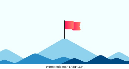 Flag on the mountain peak. Flat style vector illustration