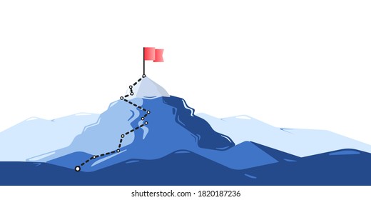 Flag on the mountain peak. Flat style vector illustration