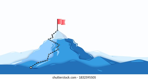 Flag on the mountain peak. Flat style vector illustration