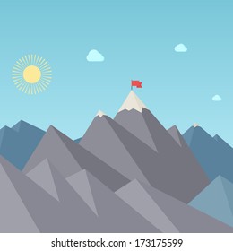 Flag On The Mountain Peak. Goal Achievement. Vector