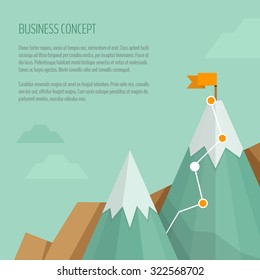 Flag on the mountain peak. Hiking trail. Business concept, goal achievement, success, winning. Flat style, vector illustration.