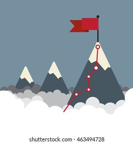 Flag on the mountain peak. Hiking trail. Business concept, goal achievement, success and winning. Flat style vector