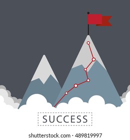 Flag on the mountain peak. Hiking trail. Business concept, goal achievement, success and winning. Flat style vector