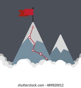 Flag on the mountain peak. Hiking trail. Business concept, goal achievement, success and winning. Flat style vector