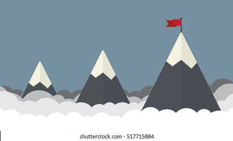 Flag on the mountain peak. Hiking trail. Business concept, goal achievement, success and winning. Flat style vector