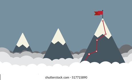 Flag on the mountain peak. Hiking trail. Business concept, goal achievement, success and winning. Flat style vector