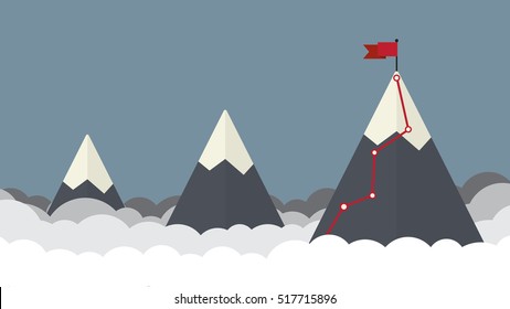 Flag on the mountain peak. Hiking trail. Business concept, goal achievement, success and winning. Flat style vector