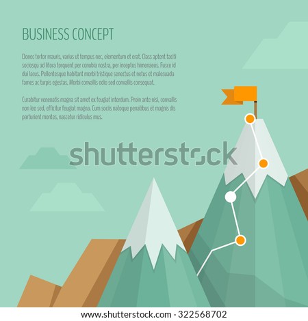 Flag on the mountain peak. Hiking trail. Business concept, goal achievement, success, winning. Flat style, vector illustration.