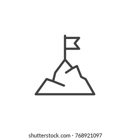 Flag on mountain peak line icon, outline vector sign, linear style pictogram isolated on white. Achievement goal symbol, logo illustration. Editable stroke