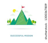 Flag on the mountain peak. Way to successful Business. Vector illustration