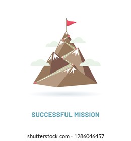 Flag on the mountain peak. Way to successful Business. Vector illustration