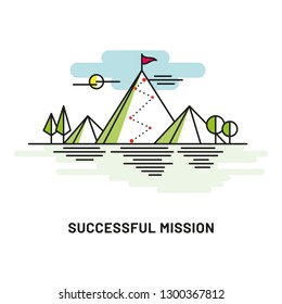 Flag on the mountain peak. Way to successful Business. Vector illustration
