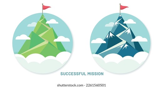 Bandera en la cima de la montaña. Una forma de tener éxito en el negocio. Ilustración del vector
