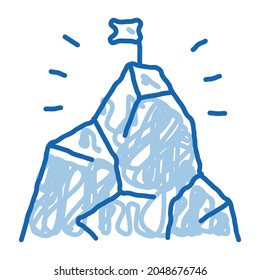 Indicador en el vector de icono de esbozo de montaña. Cartel de la bandera de la montaña en la línea azul del doodle dibujado a mano. ilustración de símbolo aislado