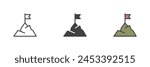 Flag on mountain top different style icon set. Line, glyph and filled outline colorful version, outline and filled vector sign. Success, achievement symbol, logo illustration. Vector graphics