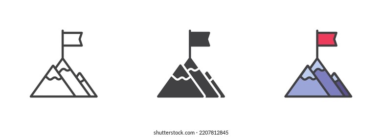 Flag on mountain top different style icon set. Line, glyph and filled outline colorful version, outline and filled vector sign. Goal, achievement symbol, logo illustration. Vector graphics