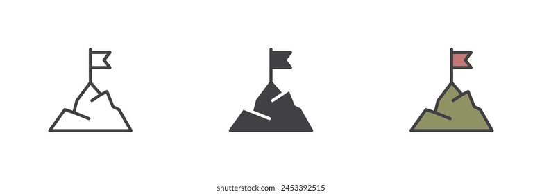 Flag on mountain top different style icon set. Line, glyph and filled outline colorful version, outline and filled vector sign. Success, achievement symbol, logo illustration. Vector graphics