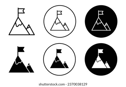 Icono de la bandera en la cima de la montaña. Gran logro o objetivo alcanzado conjunto de símbolos. Éxito primordial en la señal de vector de negocio. Montañas con bandera en el logo de la línea superior. ambición y objetivo de subir y ganar el logo
