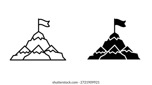 Bandera en la cima de la montaña Icon Set. Bandera en el símbolo del Vector de la cima de la montaña en estilo relleno y delineado negro.