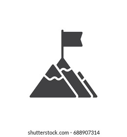 Flag on mountain top icon vector, filled flat sign, solid pictogram isolated on white. Achievement symbol, logo illustration. Pixel perfect vector graphics