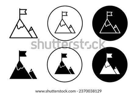 Flag on mountain top icon. Big achievement or target reached symbol set. Paramount success in business vector sign. Mountains with flag at top line logo. ambition and goal to climb and win logo