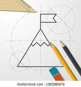 Flag on mountain top illustration. Goal achievement vector icon