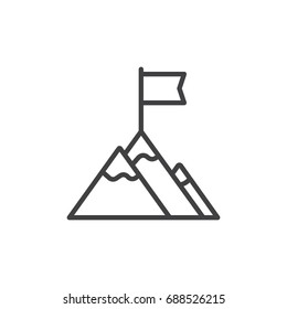 Flag On Mountain Top Line Icon, Outline Vector Sign, Linear Style Pictogram Isolated On White. Achievement Symbol, Logo Illustration. Editable Stroke. Pixel Perfect Vector Graphics