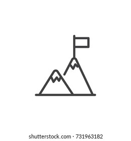 Flag On Mountain Top Line Icon, Outline Vector Sign, Linear Style Pictogram Isolated On White. Achievement Symbol, Logo Illustration. Editable Stroke