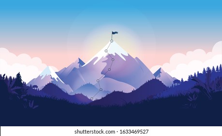 Flag on mountain top. Majestic mountain with trail to the top in a beautiful landscape. Metaphor for great business challenge to overcome before success and reach your goals. Vector illustration.