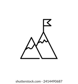 Flag on Mountain Vector Line Sign for Adverts. Suitable for books, stores, shops. Editable stroke in minimalistic outline style. Symbol for design 