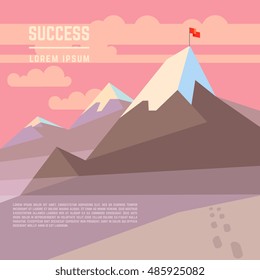 Flag on mountain vector success business achievement concept. Top peak and victory triumph illustration