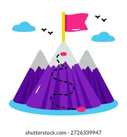 Flag on mountains showcasing missing accomplished concept icon