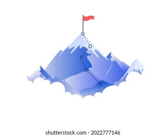 Flag on mountaintop - Vector illustration of mountain with red waving flag on top and white background. Goal and target concept.