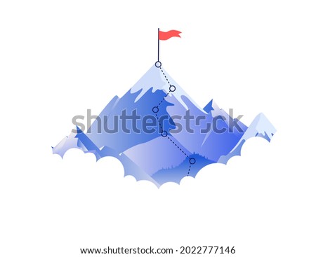 Flag on mountaintop - Vector illustration of mountain with red waving flag on top and white background. Goal and target concept.