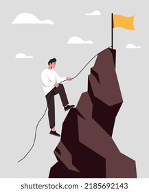 Bandera en el pico. El escalador sube a la montaña. Metáfora para lograr objetivos, liderazgo y motivación. Empresario o empresario exitoso, concepto de alfabetismo financiero. Dibujo vectorial plano de dibujos animados
