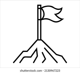 Flag on peak of mountain, black thin outline icon illustration isolated on white background. Vector icon simple illustration