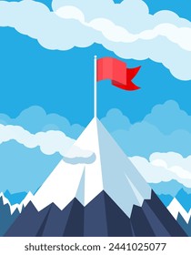 Bandera en el pico de la montaña. Éxito empresarial, objetivo, triunfo, objetivo o logro. Ganadora de la competición. Montañas rocosas, cielo con estrellas y nubes en la noche. Ilustración vectorial en estilo plano.