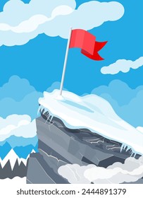 Bandera en el pico de la montaña. Éxito empresarial, objetivo, triunfo, objetivo o logro. Ganadora de la competición. Montañas rocosas, cielo con nubes y sol. Ilustración vectorial en estilo plano.