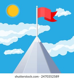 Bandera en el pico de la montaña. Éxito empresarial, objetivo, triunfo, objetivo o logro. Ganadora de la competición. Montañas rocosas, cielo con nubes y sol. Ilustración vectorial en estilo plano.