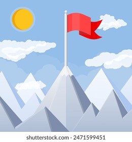 Bandera en el pico de la montaña. Éxito empresarial, objetivo, triunfo, objetivo o logro. Ganadora de la competición. Montañas rocosas, cielo con nubes y sol. Ilustración vectorial en estilo plano.