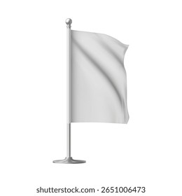 Bandeira em uma maquete. Modelo vetorial 3d de faixa de publicidade de ondulação branca. Promoção, marca, apresentação. Suporte têxtil para exposição de produtos. Ilustração isolada. Realismo.