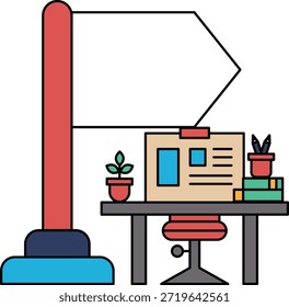 A flag is on a pole next to a desk with a laptop and a potted plant. The flag is pointing to the right