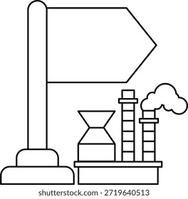 A flag is on a pole next to a factory. The flag is pointing to the right. The factory is emitting smoke