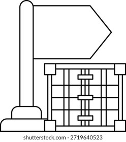 A flag is on a pole next to a gate. The flag is white and black. The gate is made of metal bars