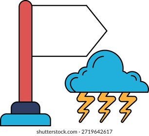 Una bandera está en un poste junto a un letrero que dice "lluvia". La señal apunta a la derecha