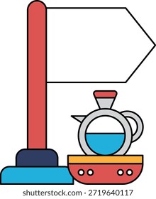 A flag is on a pole next to a teapot. The flag is white and black
