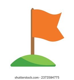 Flag on pole placed on hill, isolated sign or symbol of finishing route or hiking trail. Tourist destination and vacation for active people. Success and achievement results. Vector in flat style