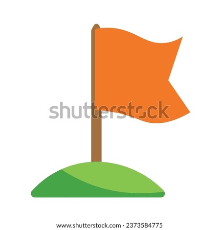 Flag on pole placed on hill, isolated sign or symbol of finishing route or hiking trail. Tourist destination and vacation for active people. Success and achievement results. Vector in flat style