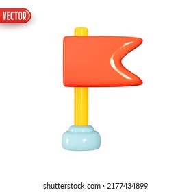 Flag on stick. Flagpole with red flag. Realistic 3d design element In plastic cartoon style. Icon isolated on white background. Vector illustration